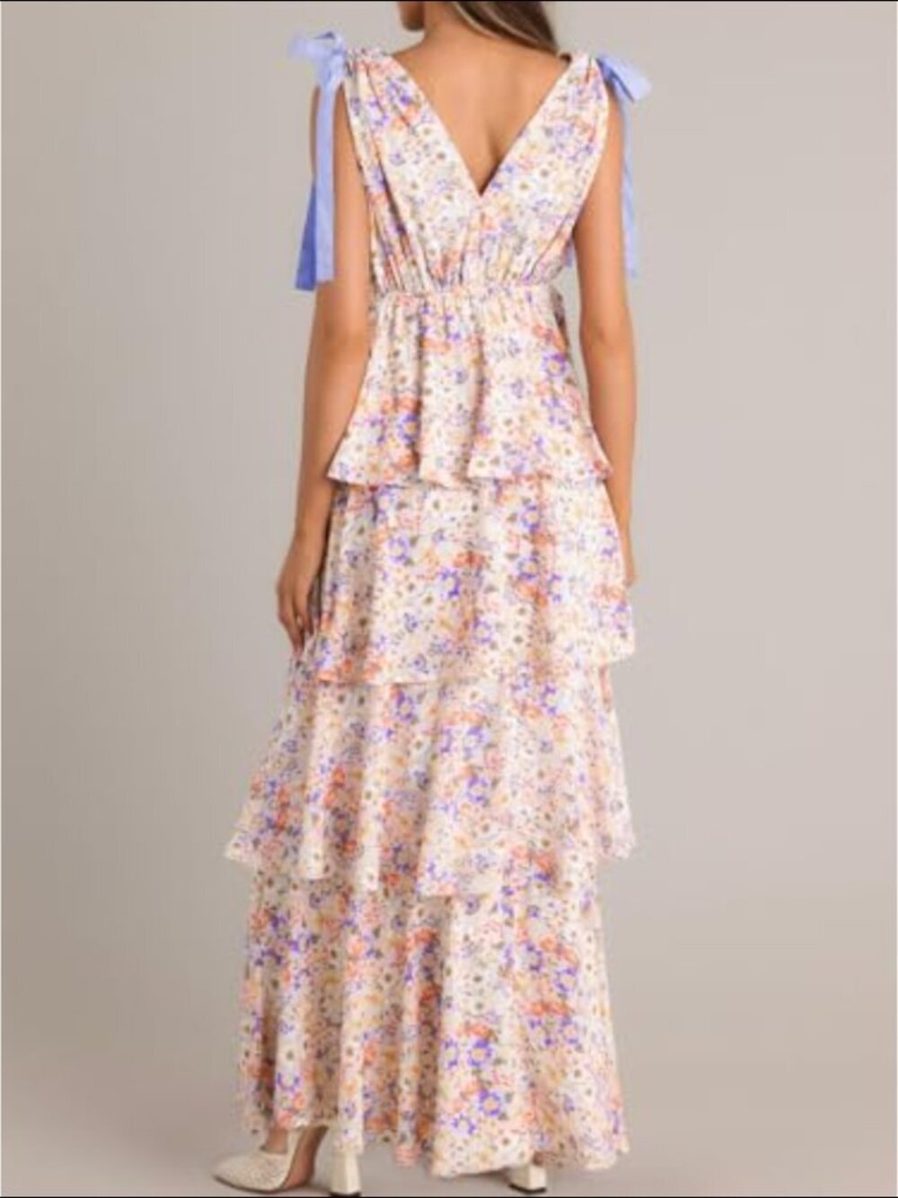 Women's Floral Maxi Dress Pink Tiered Ruffle Sleeveless V Neck Beach Romantic - Picture 2 of 3